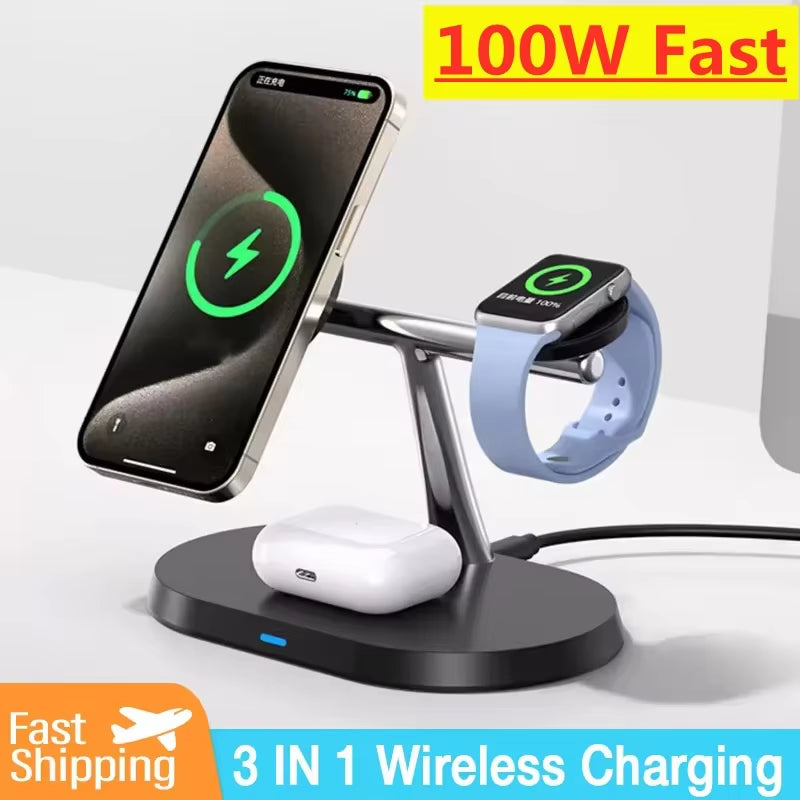 100W Magnetic 3 in 1 Wireless Charger Stand for Iphone, Apple Watch, and Airpods